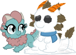 Size: 733x529 | Tagged: safe, artist:tambelon, oc, oc only, oc:cindy, dragon, carrot, clothes, coal, cute, female, food, leaves, scarf, simple background, smiling, snowman, solo, transparent background, watermark