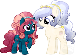 Size: 900x650 | Tagged: safe, artist:tambelon, oc, oc only, oc:mystic omen, oc:opalescent pearl, crystal pony, pony, duo, female, mare, size difference