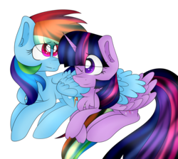 Size: 1280x1146 | Tagged: safe, artist:cosmiickatie, rainbow dash, twilight sparkle, alicorn, pony, g4, chest fluff, female, heart eyes, hug, lesbian, looking at each other, ship:twidash, shipping, simple background, transparent background, twilight sparkle (alicorn), wingding eyes, winghug