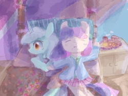 Size: 1280x961 | Tagged: safe, artist:laurasrxfgcc, bon bon, lyra heartstrings, sweetie drops, earth pony, pony, unicorn, g4, bed, clothes, duo, eyes closed, pillow, sleeping