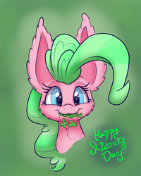 Size: 1000x1250 | Tagged: safe, artist:heir-of-rick, pinkie pie, earth pony, pony, g4, alternate hair color, bust, cheek fluff, clover, ear fluff, eating, female, four leaf clover, impossibly large ears, looking at you, portrait, saint patrick's day, smiling, solo