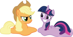 Size: 560x282 | Tagged: safe, artist:orcbrother, applejack, twilight sparkle, alicorn, pony, g4, applejack is not amused, melting, simple background, this will end in angry countryisms, twilight sparkle (alicorn), unamused