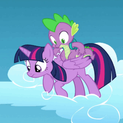 Size: 502x502 | Tagged: safe, screencap, spike, twilight sparkle, alicorn, dragon, pony, g4, the cutie re-mark, animated, cloud, duo, female, gif, gritted teeth, male, mare, open mouth, sky, spread wings, twilight sparkle (alicorn)