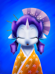 Size: 1007x1364 | Tagged: safe, artist:ikarooz, rarity, pony, g4, alternate hairstyle, clothes, eyes closed, female, floppy ears, geisha, gradient background, kimono (clothing), lipstick, open mouth, solo