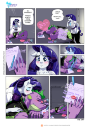 Size: 900x1273 | Tagged: safe, artist:pia-sama, rarity, spike, dragon, anthro, comic:rogue diamond, comic:rogue diamond holiday special, g4, clothes, comic, crying, dialogue, female, heartwarming, kiss mark, kissing, letter, lipstick, magic, male, older, older spike, paper, pen, ship:sparity, shipping, sleeping, straight, tears of joy, valentine's day