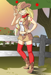 Size: 2180x3227 | Tagged: safe, artist:ari-6, applejack, human, g4, alternative cutie mark placement, apple tree, armpits, belly button, clothes, cowboy hat, female, fence, hat, high res, humanized, midriff, shoulder cutie mark, socks, solo, thigh highs, twilight (astronomy), vest