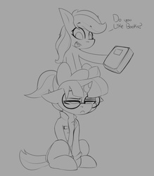 Size: 1173x1341 | Tagged: safe, artist:sodiav, oc, oc only, oc:clippety, oc:mint condition, earth pony, pony, unicorn, angry, book, clothes, dialogue, duo, female, glasses, mare, open mouth, simple background, sitting, sitting on person, unamused