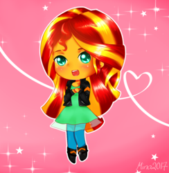Size: 1000x1025 | Tagged: safe, artist:electricshine, sunset shimmer, equestria girls, g4, chibi, clothes, cute, female, jacket, leather jacket, long hair, open mouth, pants, shimmerbetes, shoes, socks, solo, thigh highs