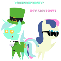 Size: 2000x2000 | Tagged: safe, artist:sketchmcreations, bon bon, lyra heartstrings, sweetie drops, earth pony, pony, unicorn, g4, green hat, hat, high res, lidded eyes, looking at you, lyrish, open mouth, pointy ponies, saint patrick's day, secret agent sweetie drops, simple background, smiling, sunglasses, top hat, transparent background, waving