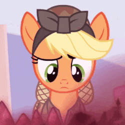Size: 326x326 | Tagged: safe, screencap, applejack, earth pony, pony, g4, season 5, the cutie re-mark, alternate timeline, animated, applecalypsejack, blinking, clothes, crystal war timeline, female, frown, gif, lidded eyes, loop, mare, solo, worried