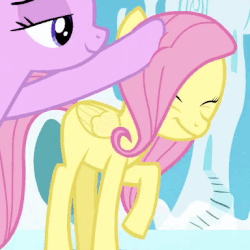 Size: 384x384 | Tagged: safe, screencap, fluttershy, starlight glimmer, pegasus, pony, unicorn, g4, the cutie re-mark, animated, cloudsdale, cute, daaaaaaaaaaaw, duo, eyes closed, female, filly, filly fluttershy, folded wings, gif, happy, head pat, hnnng, mare, open mouth, pat, petting, shyabetes, solo focus