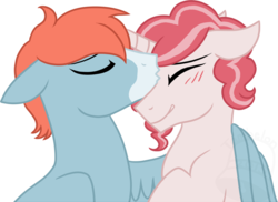 Size: 894x650 | Tagged: safe, artist:tambelon, oc, oc only, oc:cozy comfort, oc:sweet treat, pegasus, pony, unicorn, blushing, gay, kissing, male, shipping, stallion