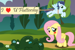 Size: 14933x10010 | Tagged: safe, artist:meandmyideas, fluttershy, soarin', pegasus, pony, g4, absurd resolution, blushing, duo, female, flying, heart, love, male, message, park, shipping, soarinshy, straight, vector