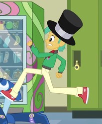 Size: 551x672 | Tagged: safe, screencap, snails, trixie, equestria girls, g4, my little pony equestria girls, boots, clothes, fall formal outfits, hat, high heel boots, lockers, pants, raised leg, running, shoes, sneakers, solo focus, vending machine