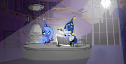 Size: 1759x892 | Tagged: source needed, useless source url, safe, artist:minty root, princess luna, star swirl the bearded, g4, hourglass, library, moon, night, s1 luna