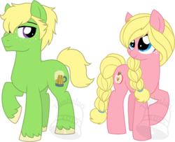 Size: 740x600 | Tagged: safe, artist:tambelon, oc, oc only, oc:hard cider, oc:pink lady, earth pony, pony, brother and sister, female, magical lesbian spawn, male, mare, next generation, offspring, parent:applejack, parent:rainbow dash, parents:appledash, siblings, simple background, stallion, transparent background, watermark