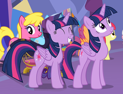 Size: 463x354 | Tagged: safe, edit, edited screencap, screencap, apple bloom, cherry berry, linky, scootaloo, shoeshine, sweetie belle, twilight sparkle, alicorn, pony, g4, season 7, ^^, bad edit, comparison, duality, duckery in the comments, eyes closed, grin, happy, self paradox, self ponidox, smiling, twilight sparkle (alicorn)