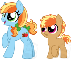Size: 700x576 | Tagged: safe, artist:tambelon, oc, oc only, oc:apple butter, oc:applesauce, earth pony, pony, brother and sister, colt, female, filly, magical lesbian spawn, male, next generation, offspring, parent:applejack, parent:rainbow dash, parents:appledash, siblings