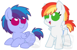 Size: 700x459 | Tagged: safe, artist:tambelon, oc, oc only, oc:flying colors, oc:moonbow, pegasus, pony, brother and sister, colt, female, filly, magical lesbian spawn, male, next generation, offspring, parent:applejack, parent:rainbow dash, parents:appledash, siblings, watermark