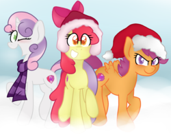 Size: 1043x815 | Tagged: safe, artist:rozzertrask, apple bloom, scootaloo, sweetie belle, earth pony, pegasus, pony, unicorn, g4, clothes, cutie mark crusaders, hat, heart eyes, santa hat, scarf, snow, trio, wingding eyes