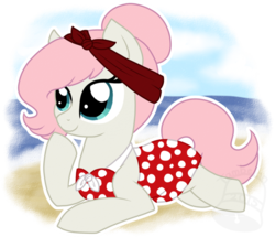 Size: 800x689 | Tagged: safe, artist:tambelon, oc, oc only, oc:peppermint bliss, earth pony, pony, beach, clothes, dress, female, mare, simple background, solo, swimsuit