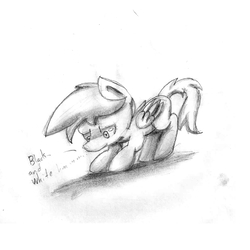 Size: 1200x1200 | Tagged: safe, artist:chikiz65, derpibooru exclusive, oc, oc only, pegasus, pony, black and white, grayscale, monochrome, scanned, shading, text, traditional art