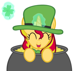 Size: 509x491 | Tagged: safe, artist:comfydove, artist:heartwarmer-mlp, artist:lil-lovey, sunset shimmer, pony, unicorn, g4, bowtie, clover, cute, eyes closed, female, four leaf clover, glowing horn, hat, horn, levitation, magic, mare, open mouth, open smile, pot of gold, saint patrick's day, shimmerbetes, smiling, solo, telekinesis