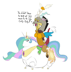 Size: 1200x1220 | Tagged: source needed, safe, artist:calorie, discord, princess celestia, alicorn, pony, g4, belly, bingo wings, brunhilde, chubbylestia, clothes, costume, double chin, fat, female, huge butt, impossibly large belly, impossibly large butt, large butt, looney tunes, mare, obese, opera, parody, riding, roleplay, roleplaying, this will end in tears and/or a journey to the moon, thunder thighs, what's opera doc