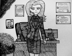Size: 2413x1872 | Tagged: safe, artist:php71, oc, oc only, oc:dusk rhine, oc:platinum decree, equestria girls, g4, clothes, equestria girls-ified, female, looking at you, monochrome, office, portrait of dolly, solo, traditional art, tuxedo