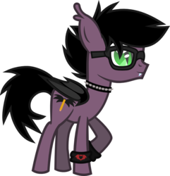 Size: 769x800 | Tagged: safe, artist:lightningbolt, derpibooru exclusive, oc, oc only, oc:broodscript, bat pony, pony, g4, .svg available, armband, bat wings, choker, clandestine industries, cutie mark, ear fluff, emo, fangs, glasses, male, messy tail, raised hoof, show accurate, simple background, slit pupils, solo, spiked choker, svg, teenager, transparent background, vector