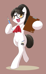 Size: 1200x1920 | Tagged: safe, artist:phoenixperegrine, raven, pony, g4, bipedal, clipboard, glasses, open mouth, pen, simple background, smiling, solo