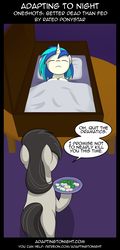 Size: 960x2000 | Tagged: safe, artist:terminuslucis, dj pon-3, octavia melody, vinyl scratch, earth pony, pony, undead, unicorn, vampire, vampony, comic:adapting to night, g4, broccoli, callback, coffin, comic, cucumber, deadpan snarker, dialogue, drama queen, food, herbivore, mushroom, octavia is not amused, plate, playing dead, salad, sarcasm, table, unamused, vegetables, zucchini