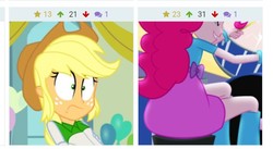 Size: 578x316 | Tagged: safe, edit, edited screencap, screencap, applejack, pinkie pie, derpibooru, equestria girls, g4, my little pony equestria girls: rainbow rocks, balloon, boots, bracelet, drum kit, drums, drumsticks, eyes closed, eyes on the prize, freckles, high heel boots, jewelry, juxtaposition, meme, meta, musical instrument, rear view