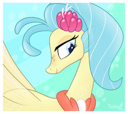 Size: 1024x912 | Tagged: dead source, safe, artist:flourret, princess skystar, seapony (g4), g4, my little pony: the movie, blue eyes, bubble, female, fin wings, flower, flower in hair, freckles, jewelry, looking down, necklace, pearl necklace, signature, simple background, smiling, solo, underwater, water, wings