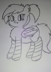Size: 1836x2619 | Tagged: safe, artist:lingling, oc, oc only, oc:vanilla fantasy, bat pony, pony, chest fluff, clothes, cute, femboy, lineart, looking at you, male, monochrome, pencil drawing, piercing, ponytail, socks, striped socks, traditional art