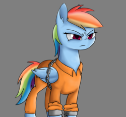 Size: 1109x1031 | Tagged: safe, artist:krynnymuffin, rainbow dash, g4, angry, bound wings, chains, clothes, cuffed, cuffs, female, gray background, handcuffed, prison outfit, prisoner rd, shackles, simple background, solo