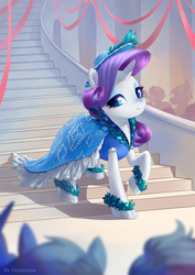 Size: 1600x2263 | Tagged: safe, artist:fantazyme, rarity, pony, unicorn, fanfic:empty horizons, g4, clothes, dress, fanfic, fanfic art, female, hat, mare, raised hoof, solo focus, stairs