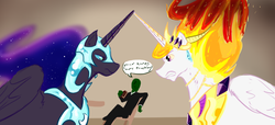 Size: 1270x579 | Tagged: safe, artist:testostepone, nightmare moon, nightmare star, princess celestia, oc, oc:anon, alicorn, human, pony, g4, cider, dialogue, horn, horns are touching, painting