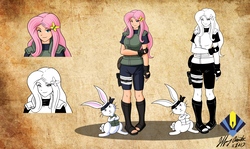 Size: 14100x8400 | Tagged: dead source, safe, artist:penspark, angel bunny, fluttershy, human, g4, absurd file size, absurd resolution, anime, crossover, feet, humanized, looking at you, naruto, ninja, sandals, shinobi, smiling, toes