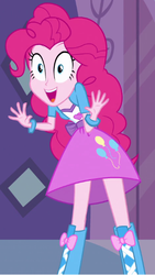 Size: 334x592 | Tagged: safe, pinkie pie, equestria girls, g4, my little pony equestria girls, balloon, boots, bracelet, carousel boutique, clothes, door, high heel boots, jazz hands, jewelry, looking at you, skirt