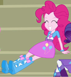 Size: 311x336 | Tagged: safe, pinkie pie, rarity, equestria girls, g4, my little pony equestria girls, balloon, bleachers, boots, bracelet, clothes, cute, eyes closed, high heel boots, jewelry, skirt, smiling