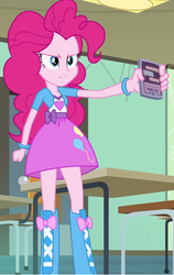 Size: 394x624 | Tagged: safe, pinkie pie, equestria girls, g4, my little pony equestria girls, angry, balloon, boots, bracelet, chair, classroom, clothes, door, high heel boots, iphone, jewelry, skirt, table