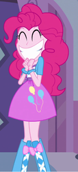 Size: 294x646 | Tagged: safe, pinkie pie, equestria girls, g4, my little pony equestria girls, balloon, boots, bracelet, carousel boutique, clothes, cute, door, eyes closed, hands together, high heel boots, jewelry, skirt, smiling