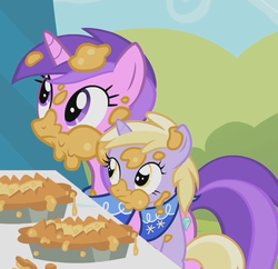 Size: 518x501 | Tagged: safe, screencap, amethyst star, dinky hooves, sparkler, pony, unicorn, g4, sisterhooves social, cropped, duo focus, female, filly, foal, food, mare, messy eating, pie