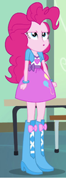 Size: 199x534 | Tagged: safe, pinkie pie, equestria girls, g4, my little pony equestria girls, angry, balloon, boots, bracelet, chair, classroom, clothes, high heel boots, jewelry, skirt, table