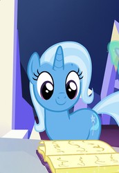 Size: 598x869 | Tagged: safe, screencap, trixie, pony, unicorn, all bottled up, g4, cropped, cute, cutie map, diatrixes, female, happy, magic, mare, smiling, solo, twilight's castle