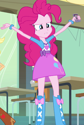 Size: 417x624 | Tagged: safe, applejack, pinkie pie, equestria girls, g4, my little pony equestria girls, angry, balloon, boots, bracelet, chair, classroom, clothes, cowboy boots, door, high heel boots, iphone, jewelry, skirt, solo focus, table