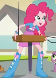 Size: 314x433 | Tagged: safe, screencap, applejack, pinkie pie, spike, dog, equestria girls, g4, my little pony equestria girls: rainbow rocks, boots, bracelet, clothes, high heel boots, jewelry, musical instrument, open mouth, skirt, spike the dog, theremin