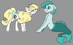 Size: 1600x989 | Tagged: safe, artist:torusthescribe, oc, oc only, oc:beauregard, oc:duchess, oc:freckles, earth pony, merpony, pony, bow, female, freckles, gills, male, mare, offspring, parent:applejack, parent:prince blueblood, parents:bluejack, simple background, tail bow