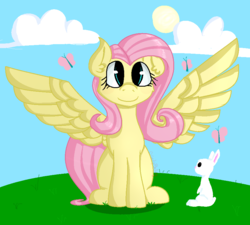 Size: 890x800 | Tagged: safe, artist:bloody--baliey, fluttershy, butterfly, rabbit, g4, female, looking at you, sitting, smiling, solo, spread wings